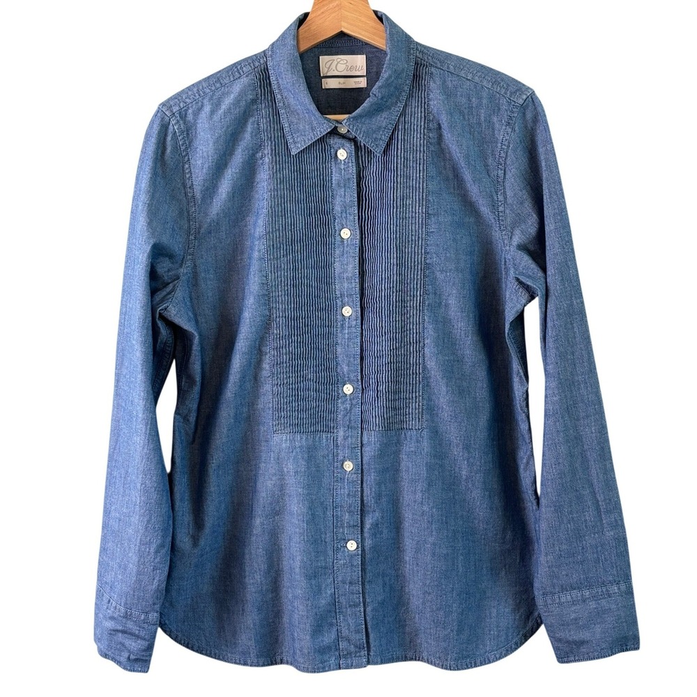 J.Crew Slim Fit Tuxedo Shirt Blue Womens 8 Cotton Chambray Button Down Preppy